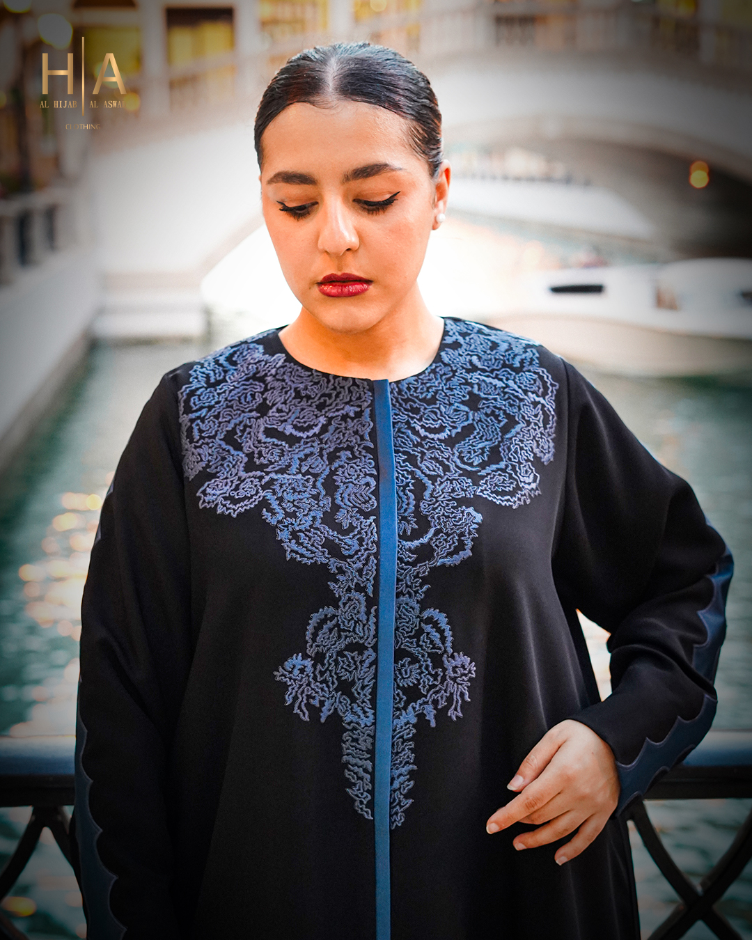 Round Neck Embroidered Abaya with Piping
