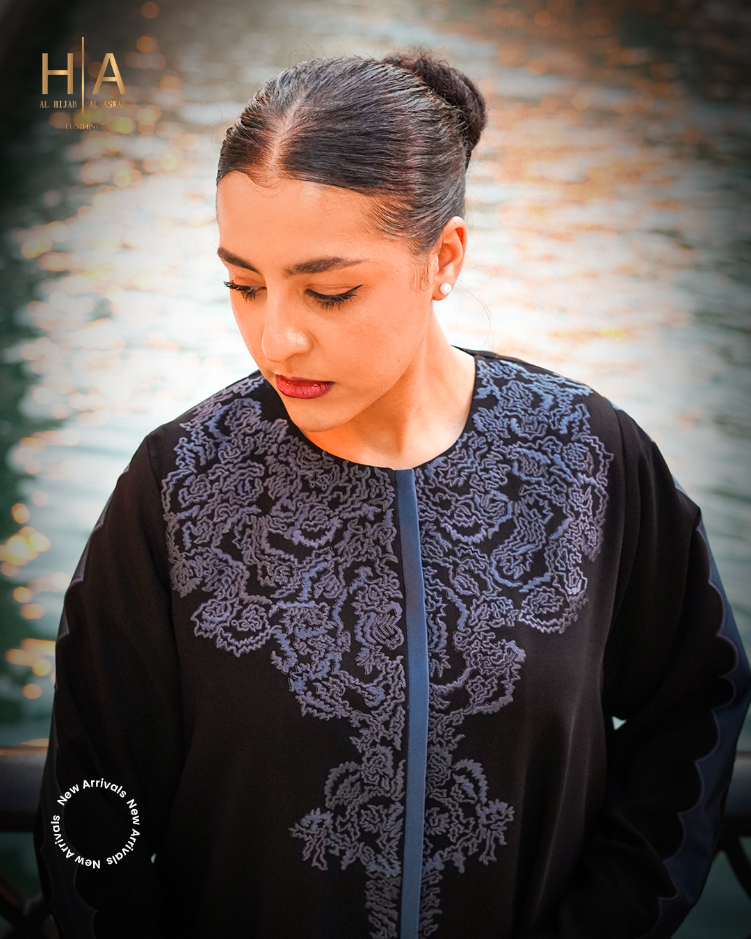 Round Neck Embroidered Abaya with Piping - Image 2